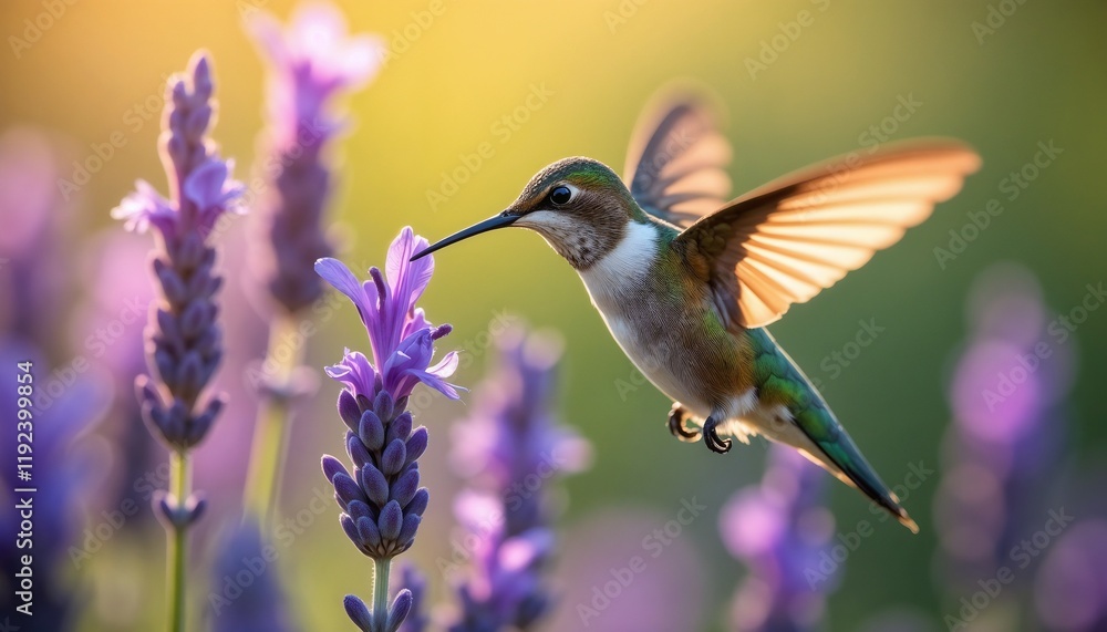 Fototapeta premium Hummingbird hovering near lavender flower in gentle morning light