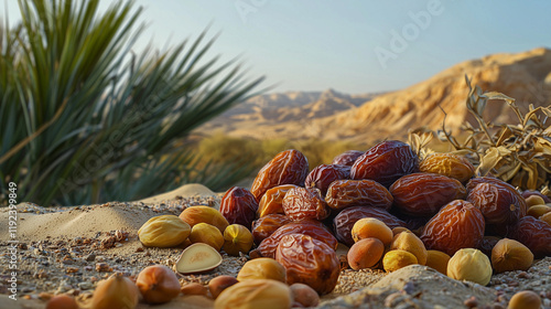 A still life of dates, figs, and almonds on a bed of sand, set against a desert landscape. The warm, earthy tones of browns, golds, and ochres highlight the natural beauty of the desert scene. photo