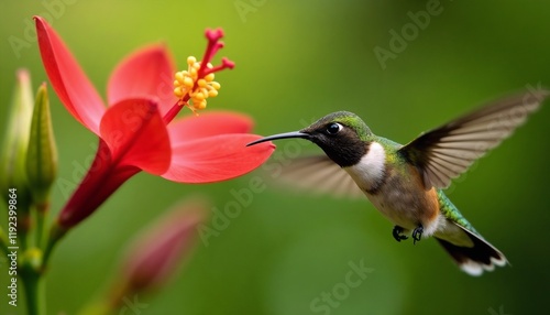 Hummingbird hovering near vibrant red flower with detailed feathers