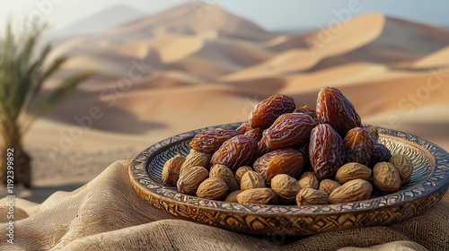 A still life of dates, figs, and almonds on a bed of sand, set against a desert landscape. The warm, earthy tones of browns, golds, and ochres highlight the natural beauty of the desert scene. photo