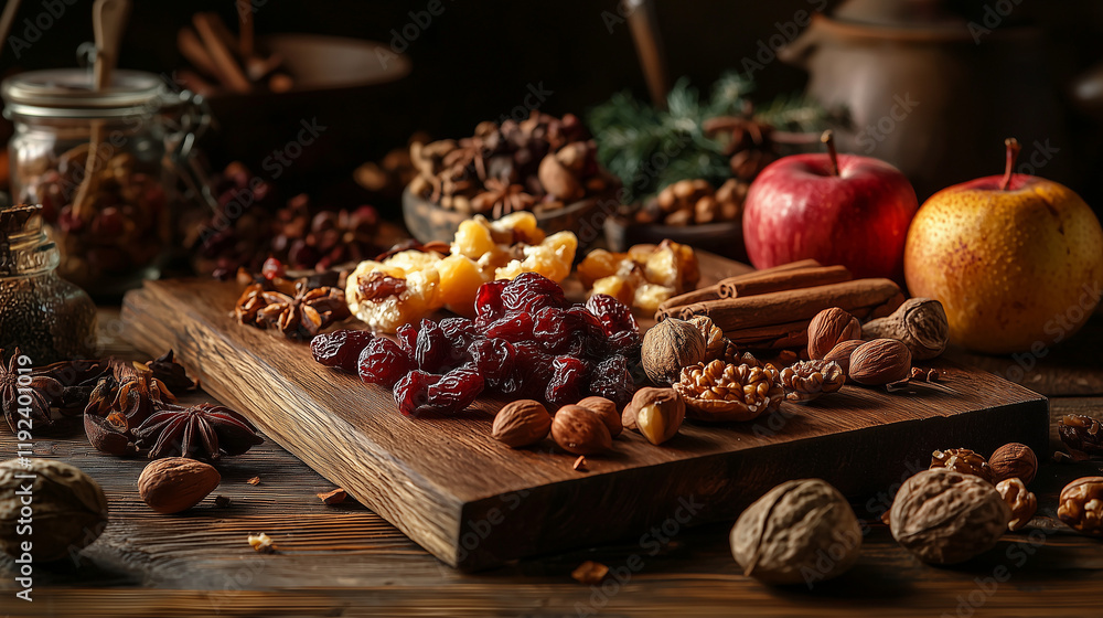A still life of dried fruits, nuts, and spices arranged on a wooden board. The color palette emphasizes earthy browns, reds, and golds, creating a warm, rustic, and inviting atmosphere. A still life of dried fruits, nuts, and spices arranged on a wooden board. The color palette emphasizes earthy browns, reds, and golds, creating a warm, rustic, and inviting atmosphere.