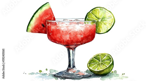 A watercolor painting of a refreshing watermelon and lime cocktail in a stemmed glass.