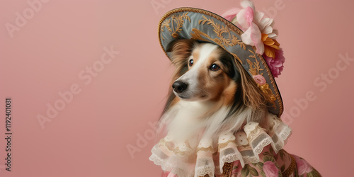 A collie dog dressed in a racing outfit