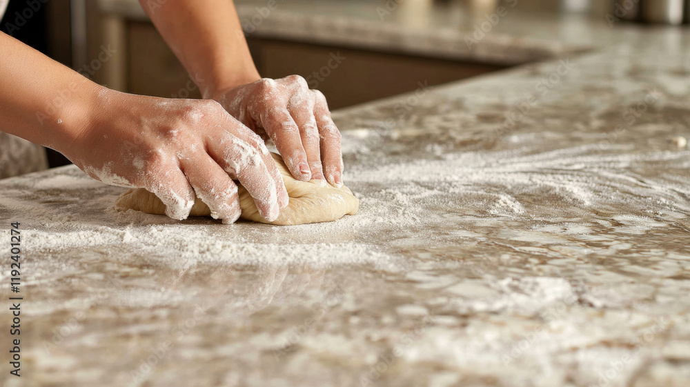 Close-up of someone kneading dough on a flour-covered countertop, hands working the dough into shape—ideal for promoting baking products, kitchen tools, or cooking services.
Close-up of someone kneading dough on a flour-covered countertop, hands working the dough into shape—ideal for promoting baking products, kitchen tools, or cooking services.