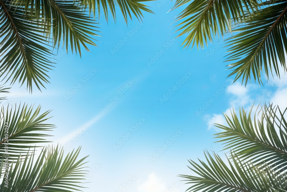 Tropical background of palm trees framing a clear blue sky with light clouds and sun rays, creating a serene and idyllic summer scene Tropical background of palm trees framing a clear blue sky with light clouds and sun rays, creating a serene and idyllic summer scene