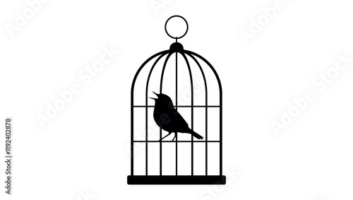 Bird in cage , black isolated silhouette