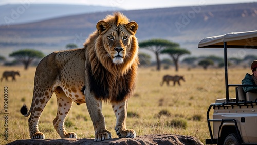 Majestic lion standing proud in a popular wildlife safari area perfect for tourist photography and memories photo