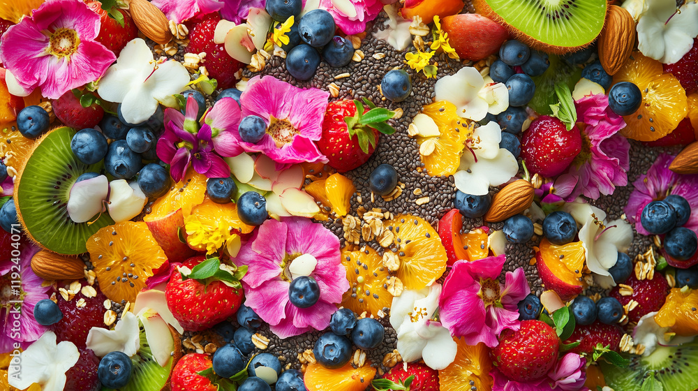 Fototapeta premium A vibrant smoothie bowl topped with fresh fruits, nuts, and seeds, featuring dragon fruit, blueberries, and coconut flakes, creating a colorful and nourishing bowl.