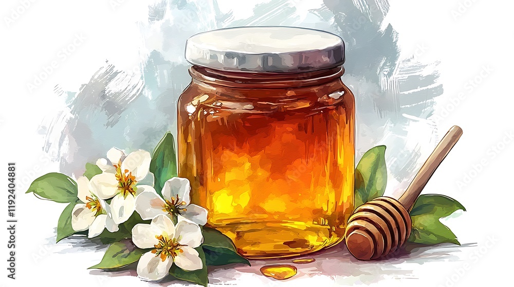 A Jar of Honey with Spring Blossoms and Honey Dipper, Painted in a Vibrant Impressionistic Style. A Jar of Honey with Spring Blossoms and Honey Dipper, Painted in a Vibrant Impressionistic Style.