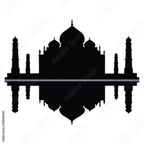 taj mahal silhouette, iconic architecture, symmetrical reflection, black and white, minimalist design, iconic landmark, indian monument, water reflection, geometric shapes, iconic domes, stark contras