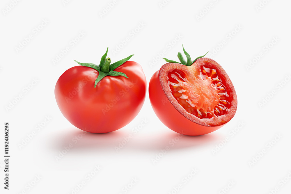 Two half-cut tomatoes in vibrant red color, showcasing juicy pulp and seeds. Fresh tomatoes isolated on white background. Symbol of healthy food, freshness, and organic nutrition. 3d render Two half-cut tomatoes in vibrant red color, showcasing juicy pulp and seeds. Fresh tomatoes isolated on white background. Symbol of healthy food, freshness, and organic nutrition. 3d render