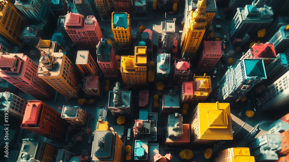 Fototapeta premium 積み木の街を空撮するドローンの視点