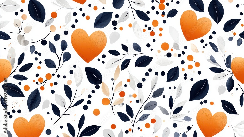 Heart Motif with Leaves and Bubbles in Shades of Orange and Navy Blue on White Background Heart Motif with Leaves and Bubbles in Shades of Orange and Navy Blue on White Background
