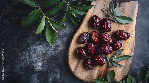 Dates fruits on wooden board with green leaves , top view photo