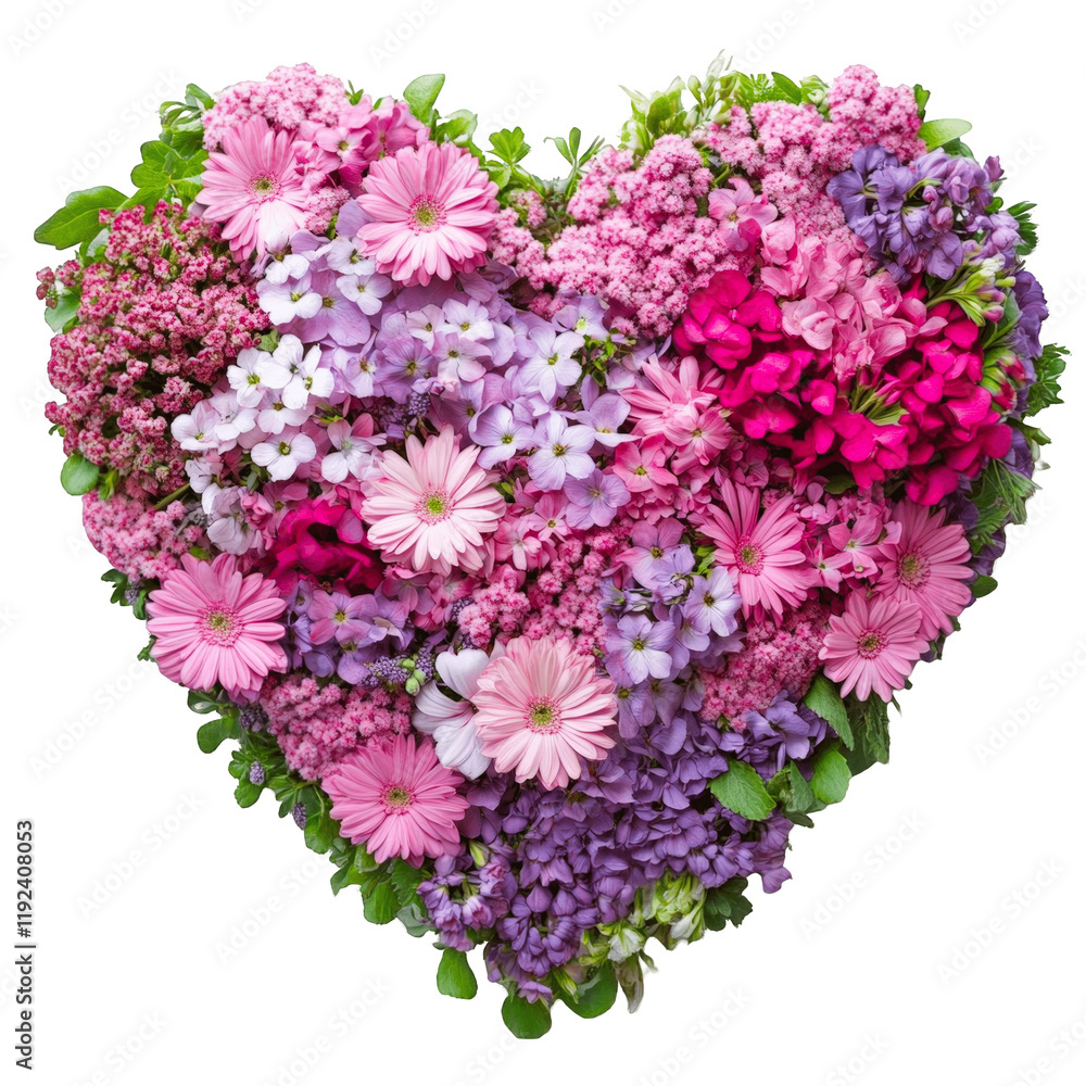 Heart Shaped Arrangement of Pink and Purple Flowers on Black Background Heart Shaped Arrangement of Pink and Purple Flowers on Black Background