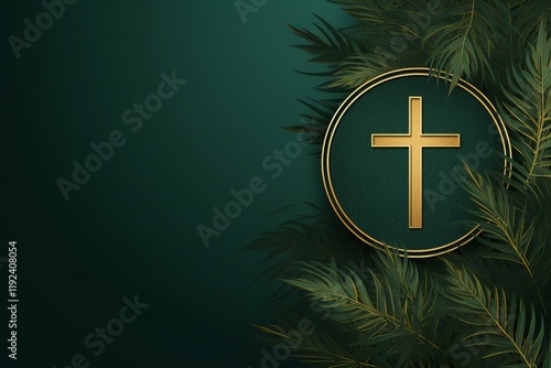 Golden cross in a circle with green palm leaves, ideal for religious celebrations and events