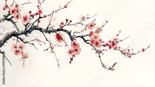Watercolor Painting of a Blooming Plum Branch, an Artistic Depiction of Spring.