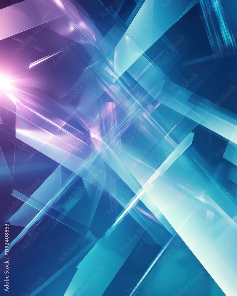 Abstract Geometric Glass Structure with Light Streaks in Purple and Blue Tones, Modern Technology Background. Abstract Geometric Glass Structure with Light Streaks in Purple and Blue Tones, Modern Technology Background.