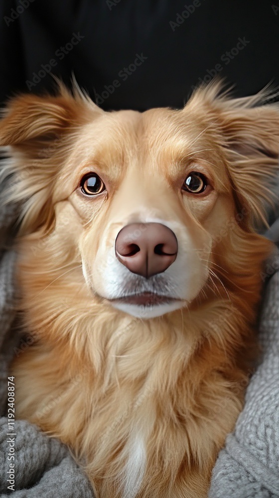 Cozy dog portrait, nestled in blanket, dark background Cozy dog portrait, nestled in blanket, dark background