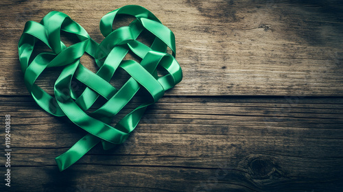 Woven green ribbon forming a heart shape on rustic wooden background symbolizing awareness and support for cerebral palsy and related causes. photo