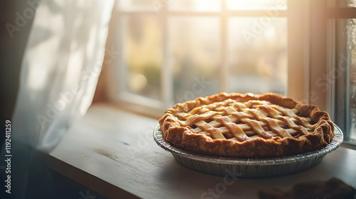 Warm Golden Apple Pie on Windowsill in Sunlight National Dadgum That's Good Day photo