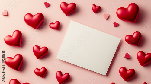 Romantic display of red hearts and blank card for Valentine's Day celebration