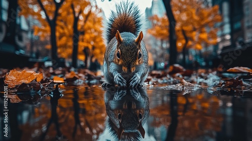 A curious squirrel examines its reflection in a puddle amidst fallen autumn leaves, creating a captivating autumnal scene.