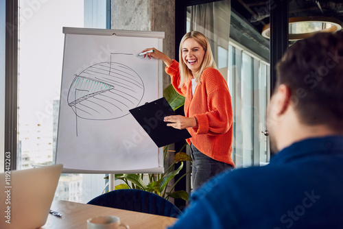 Cheerful businesswoman explaining pie chart to colleague in office photo