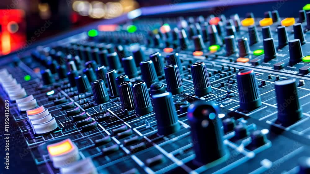 Close-up of an Audio Mixing Console in a vibrant Night Club Setting Close-up of an Audio Mixing Console in a vibrant Night Club Setting