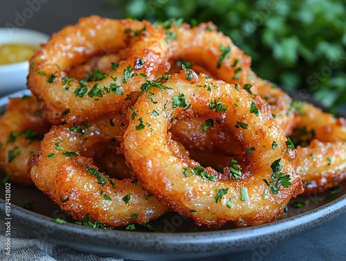 Crispy onion rings with parsley on plate, mustard, herbs background photo