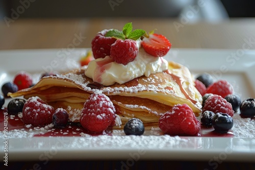 Stack of pancakes lying on white plate, garnished with whipped cream, berries, icing sugar and red fruit coulis