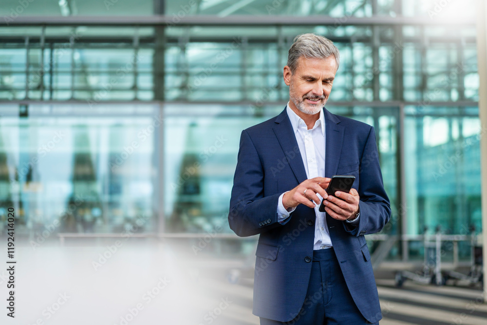 Mature businessman standing and using smart phone outside airport Mature businessman standing and using smart phone outside airport