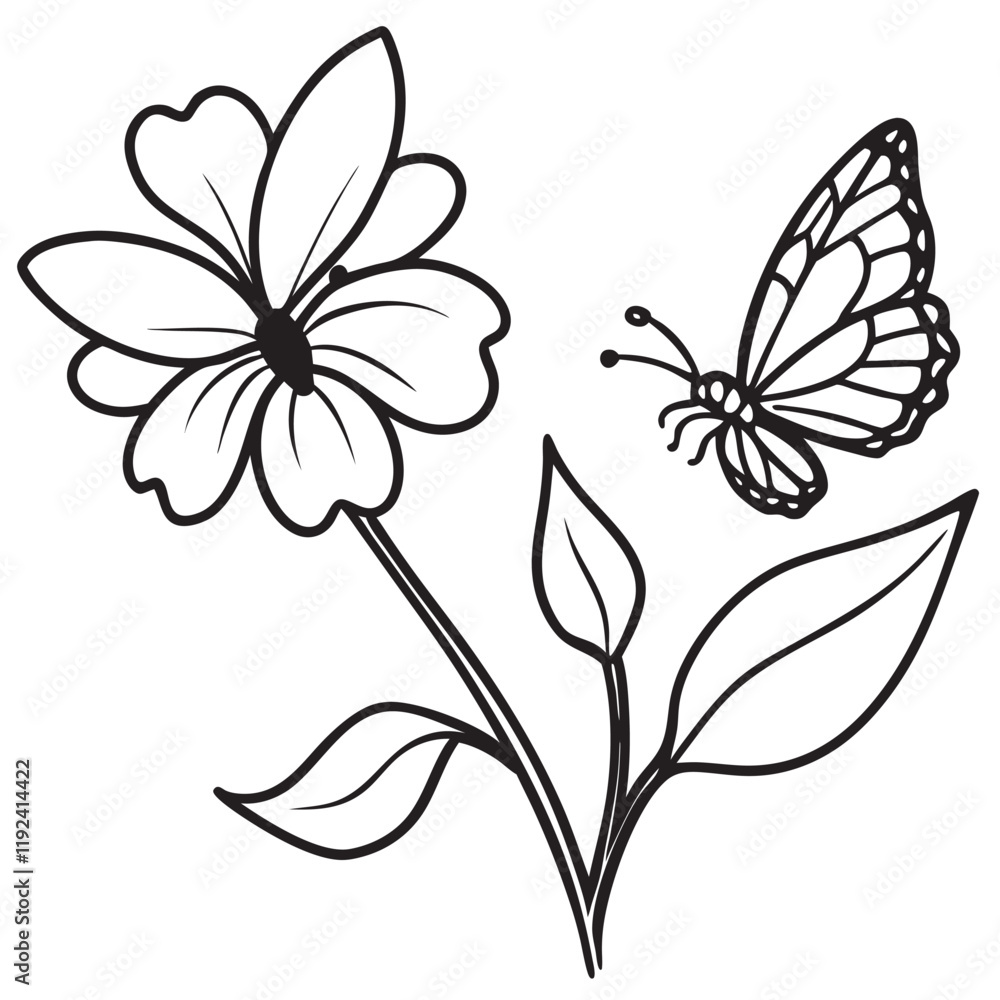Fototapeta premium A black and white outline drawing of flowers and butterfly coloring page for kids