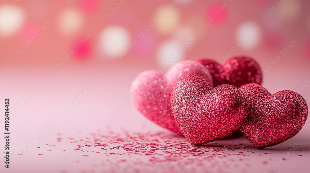Fototapeta premium Glittering red hearts create a festive atmosphere for Valentine's Day celebrations