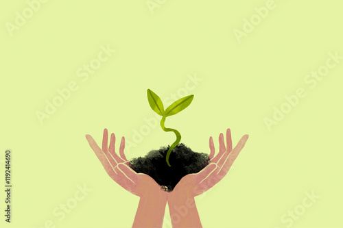 Illustration of hands holding soil with a growing plant symbolizing green energy and ecology