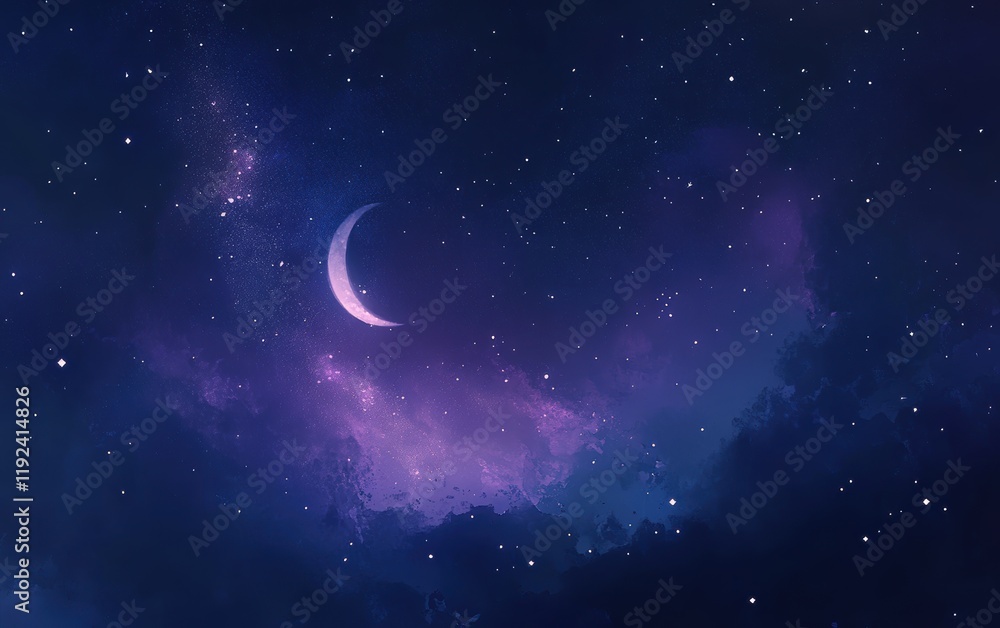 Fototapeta premium Dreamy Night Sky with Crescent Moon and Sparkling Stars on Purple Nebula Background.