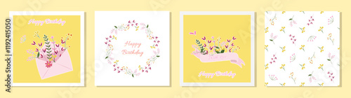 Set of floral birthday concept ornaments. Envelope with flowers, flowers with a bow.  Floral frames and seamless floral pattern. Vector decorative greeting card or invitation background design.