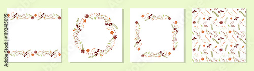 Set of cute postcards with beautiful delicate flowers. Round, rectangular flower frames and seamless pattern.  A set of celebration cards for birthday, anniversary or other event.