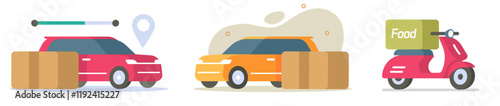 Order delivery car, food grocery shopping service scooter motor bike vector modern 3d flat cartoon graphic illustration set, cargo freight taxi door to door vehicle automobile image clip art

