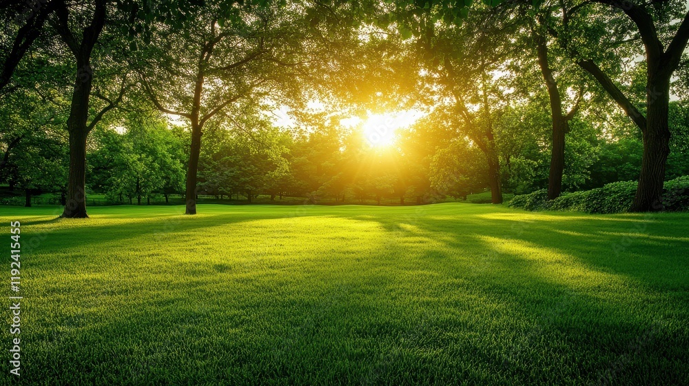 Serene Sunset in Lush Green Park Vibrant Landscape Photography of Golden Hour Sunlight Through Trees Serene Sunset in Lush Green Park Vibrant Landscape Photography of Golden Hour Sunlight Through Trees