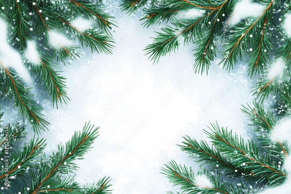 Snowy Pine Branches Corner Frame with Copy Space for Winter Holiday Designs.