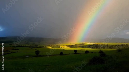 Vivid Rainbow Over Green Fields and Sunlit Landscape

 photo