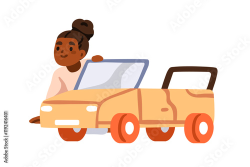 Happy little girl peeping from behind toy car. Cute funny active African Amer...