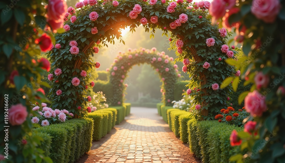 Fototapeta premium Romantic garden archway with pink roses, serene morning light, wedding invitation