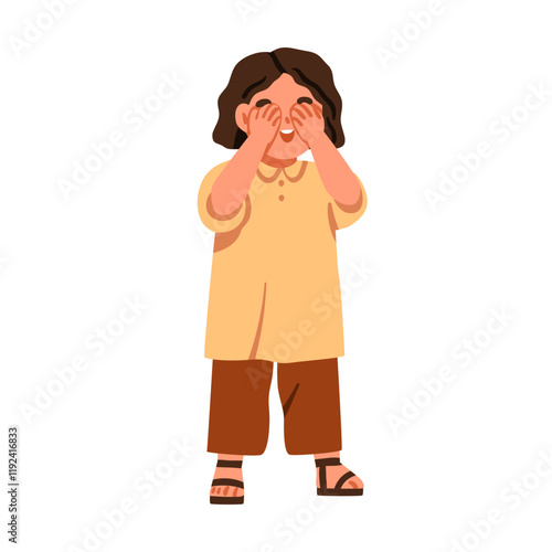 Cute child playing, covering eyes, face with hands. Happy smiling little girl...