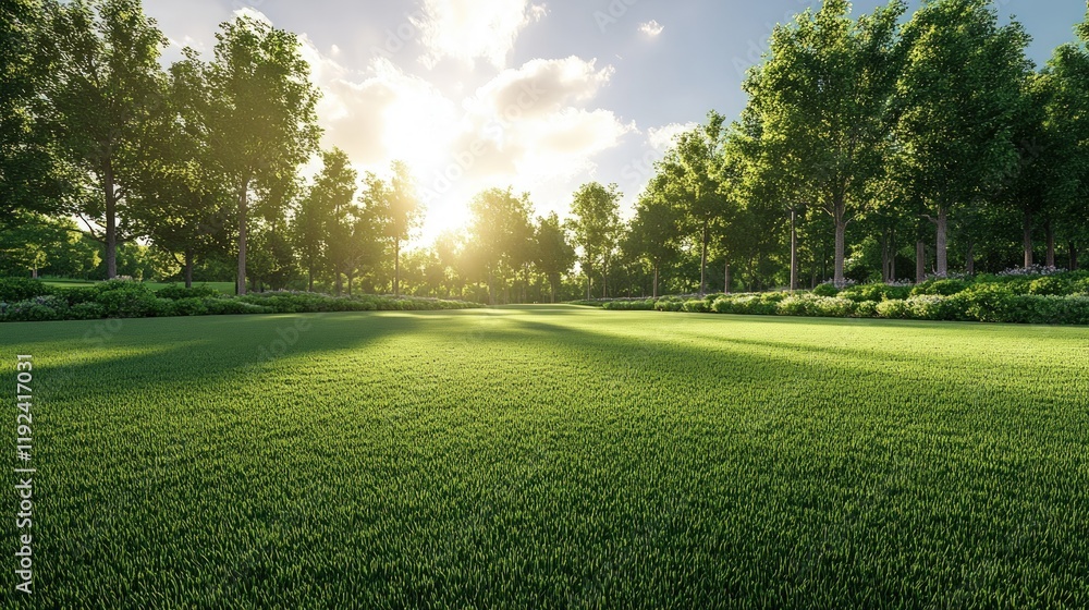 Naklejka premium Lush green grass field at sunset, surrounded by trees casting long shadows.