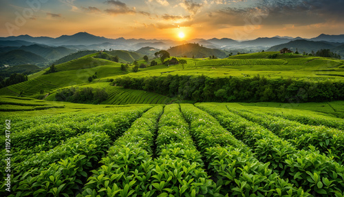 Sunset over tea plantations in cameron highlands, malaysia, showcasing the picturesque rolling hills