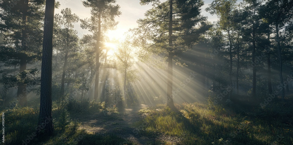 Obraz premium Sunbeams Illuminating a Misty Forest Path