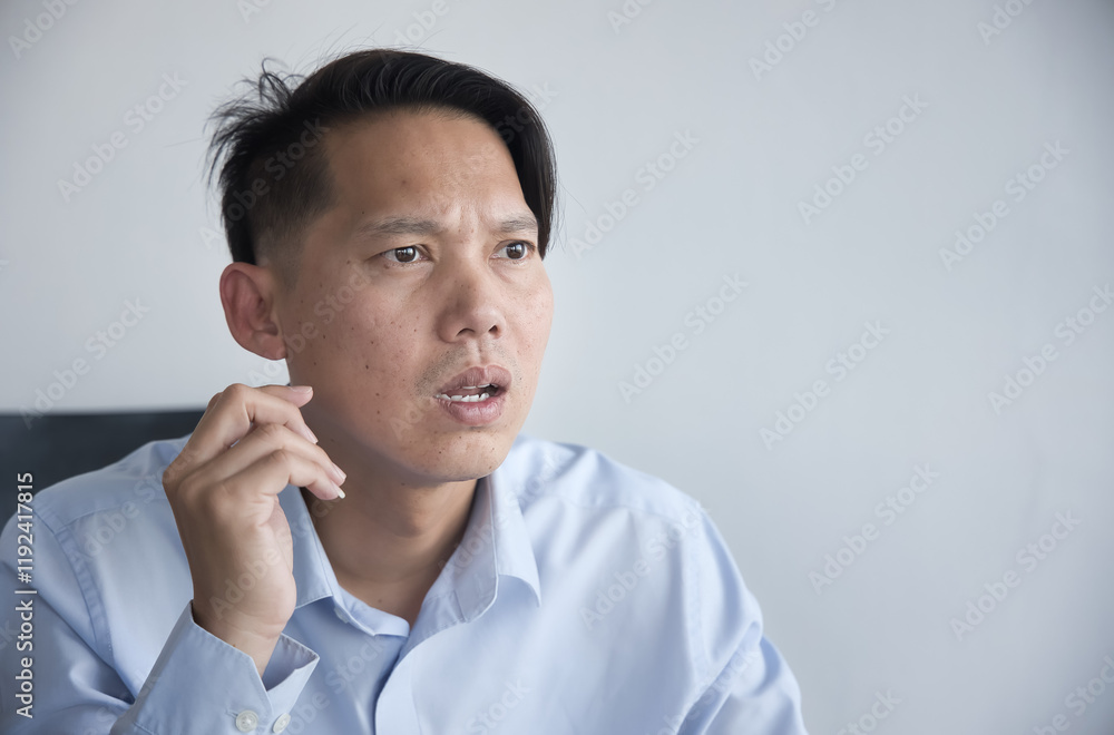 Failed and stressful Asian Man worrying seriously, male office worker with negative facial expression Failed and stressful Asian Man worrying seriously, male office worker with negative facial expression