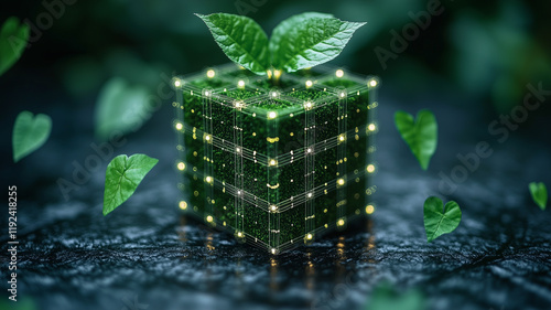 Sustainable Growth: A vibrant green sprout emerges from a moss-covered cube, glowing with inner light, symbolizing ecological innovation and sustainable development.   photo